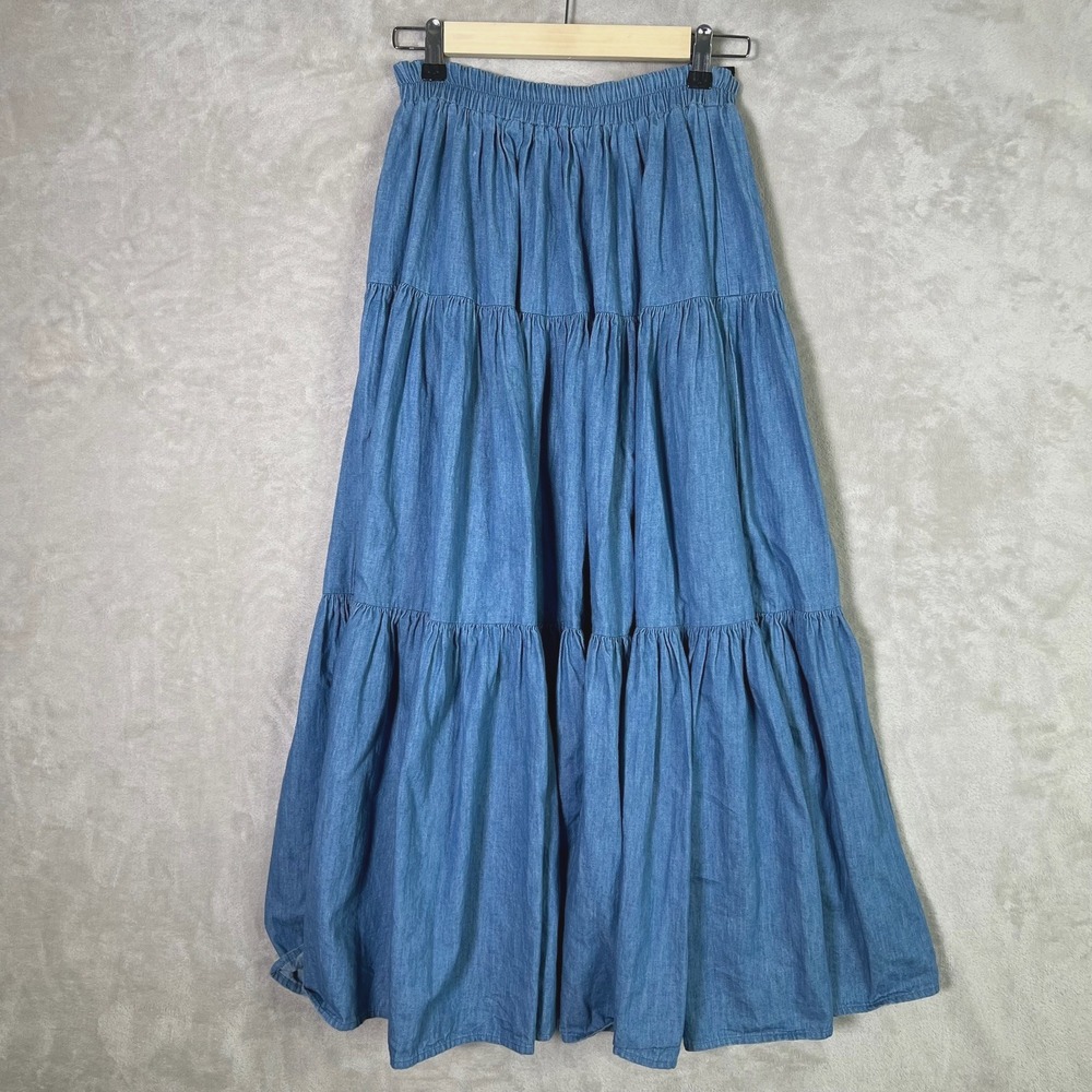 Vtg On The Verge Skirt Womens S Chambray Tiered Prairie Beach Cowgirl Boho USA